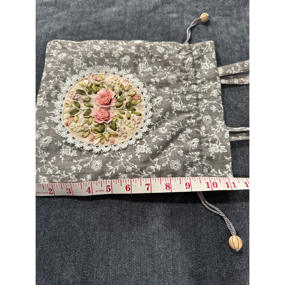 Hopeless Romantic Gray Floral Ribbon Embroidery Lace Drawstring Tote Bag Handbag - Picture 8 of 12
